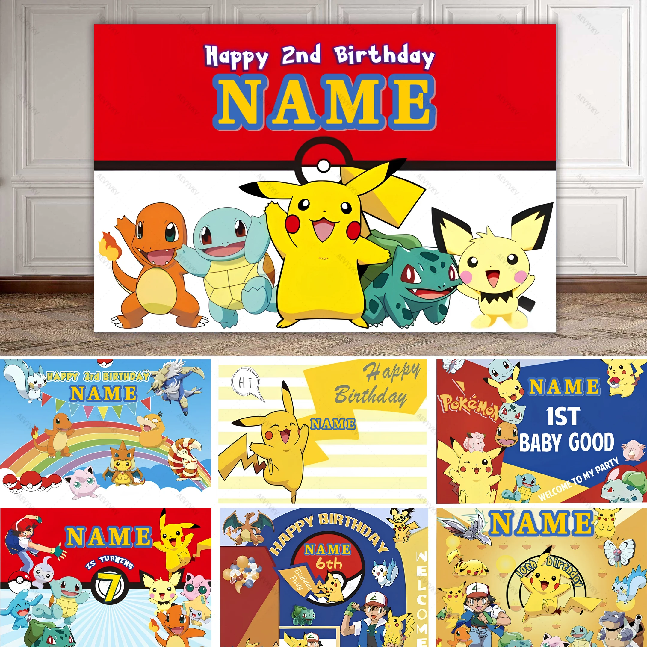 

Custom Name Pokemon Party Background Decoration Pikachu Theme Birthday Background for Kids Boy Baby Shower Anime Banner Poster