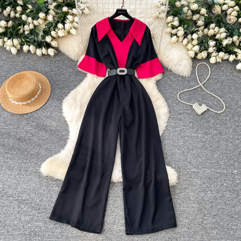 HKSH Women Jumpsuit Turn-downn Collar Short Sleeves Color Block Waist Cinching Elegant Office Lady Wide Leg Pants Summer HK21051