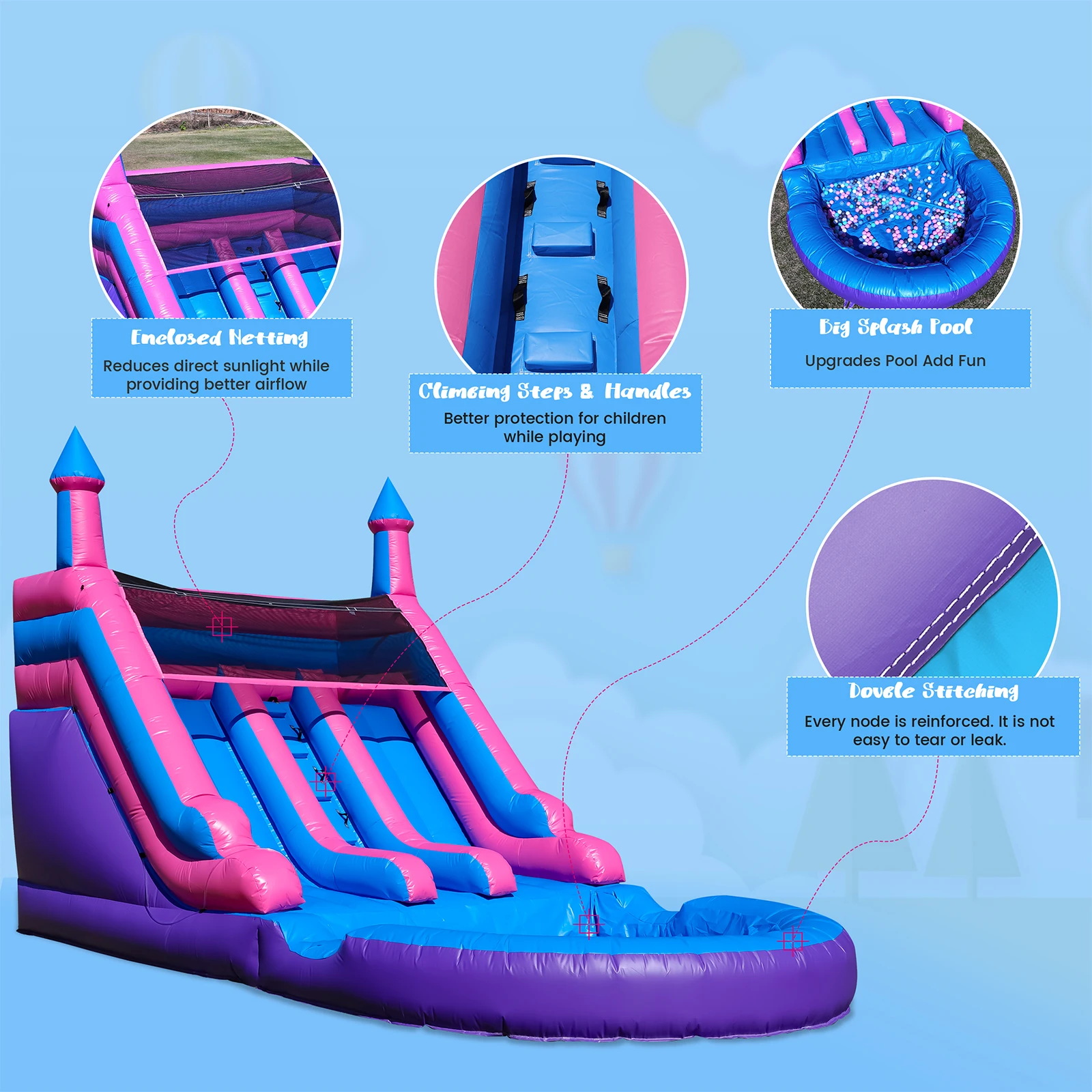 Piscina inflável comercial de corrediça de água dupla de PVC de 6,4 m com ventilador para crianças playground comercial infantil