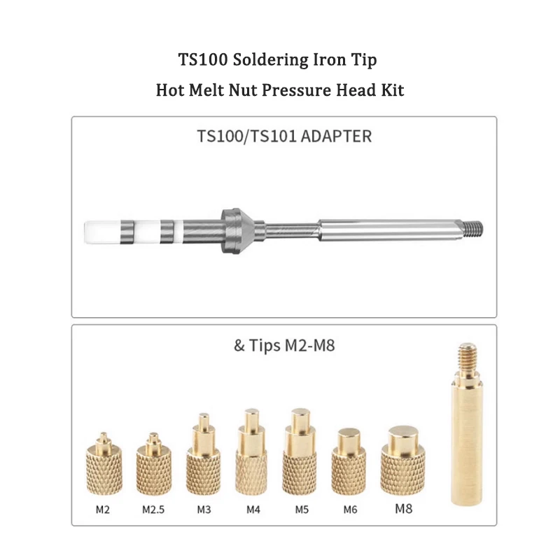 Heat Insert Nut Iron Tip TS100 Soldering Iron Tip M2-M8 Internal Thread Head Brass Hot Melt Insert Nut Kit for Electronic Repair