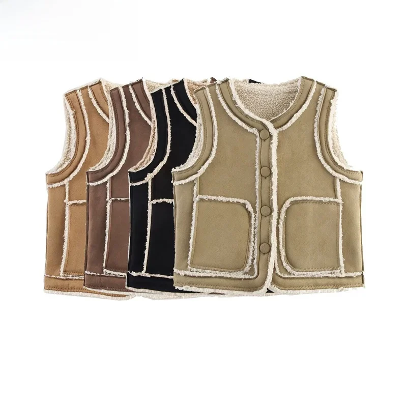 

ZBZR Autumn New Women's Biker Suede Vest Buttoned Fur Trimmed Faionable Versatile round Ne Polyester Fiber 00% Color