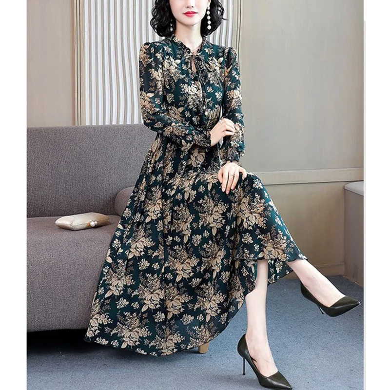 Vintage Printed Shirring Ruffles Lace Up Bow Floral Dress Women's Clothing 2023 Autumn New Oversized Office Lady Midi Dress