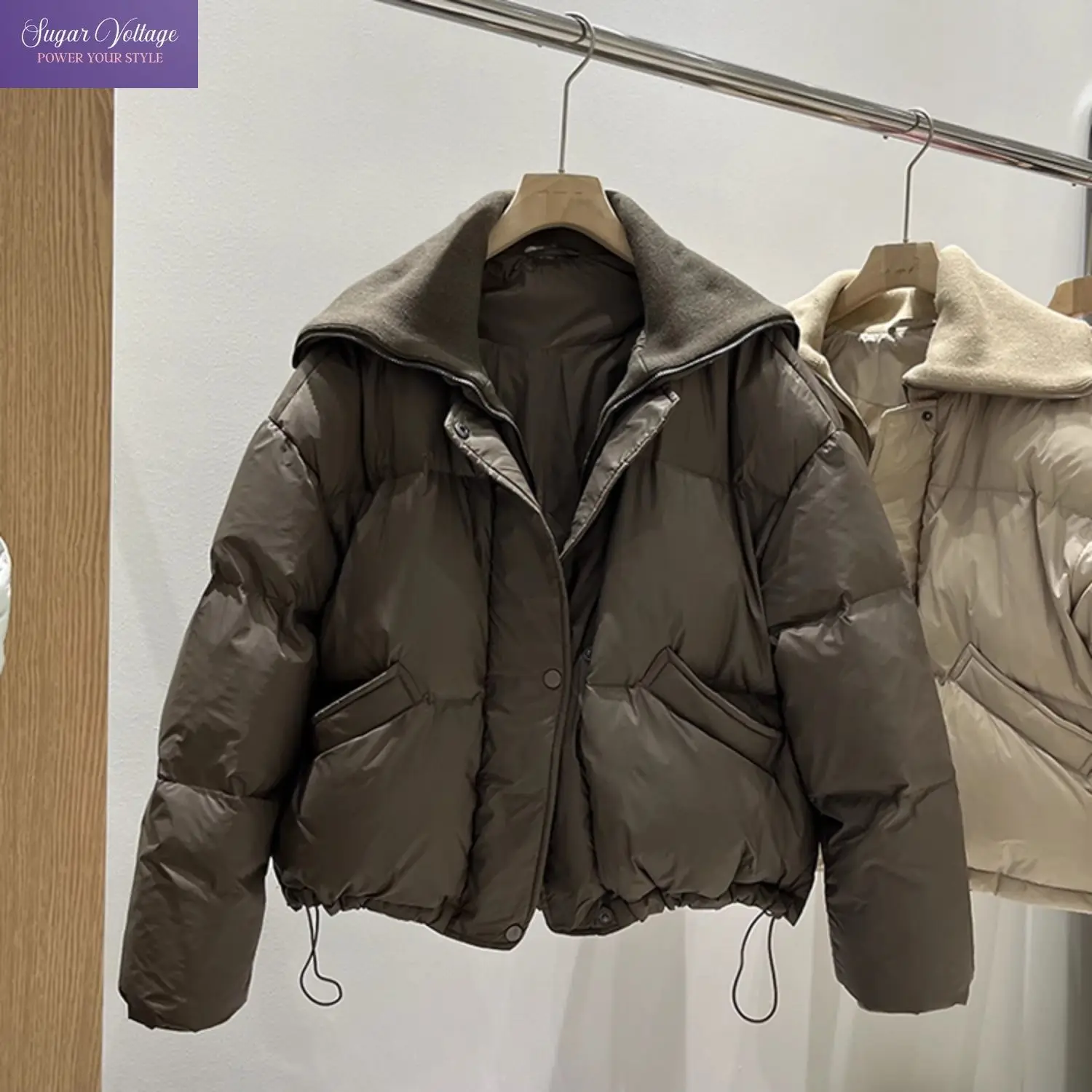 Korean Fashion Elegant Cropped Puffer Parka Women Down Patchwork Knitted Lapel Drawstring Hem Warm Coat Winter Outerwear 2026