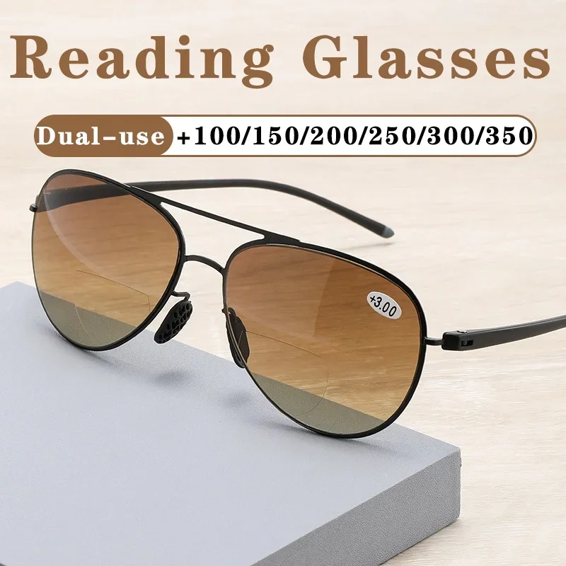 

Bifocal Reading Glasses Men Fashion Double Bridge Sunglasses Male Look Far and Near Anti Glare Hyperopia Eyeglasses +100 To +350