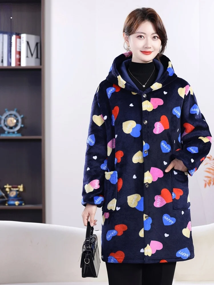 

Пальто средней длины с капюшоном больших размеров для женщин среднего и старшего возраста, фланелевая осенне-зимняя одежда, грязеотталкивающая накидка J...