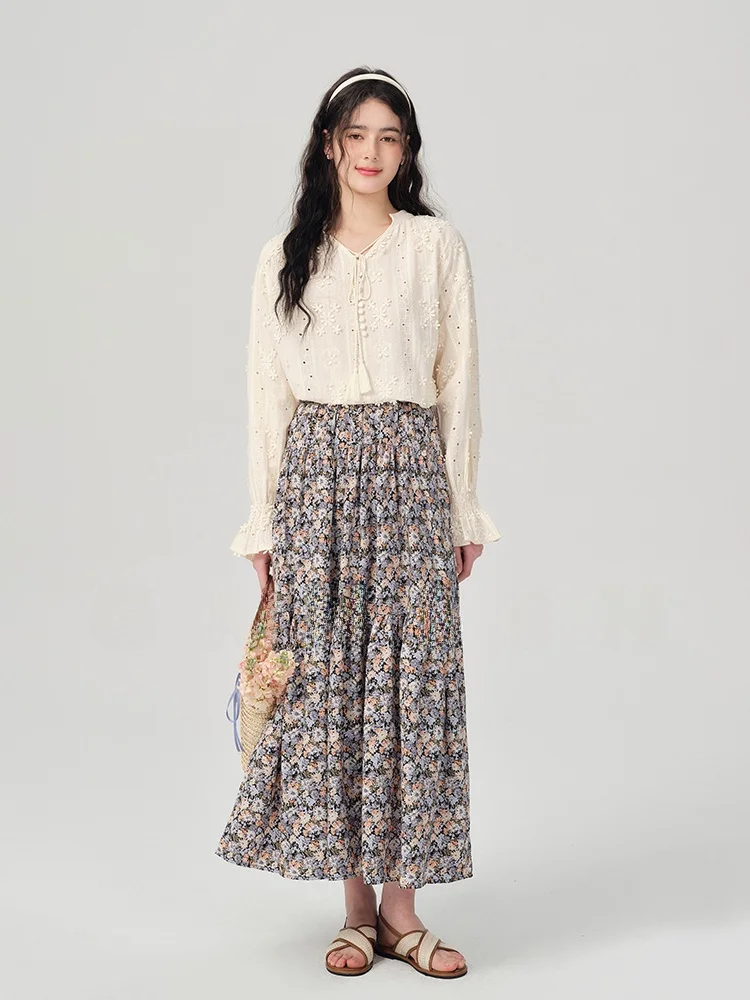 

Женская свободная блузка Gansen с ажурным 3D-цветочным узором, V-образным вырезом и длинными рукавами, в французском стиле, из смесового хлопка и полиэстера, весенняя мода