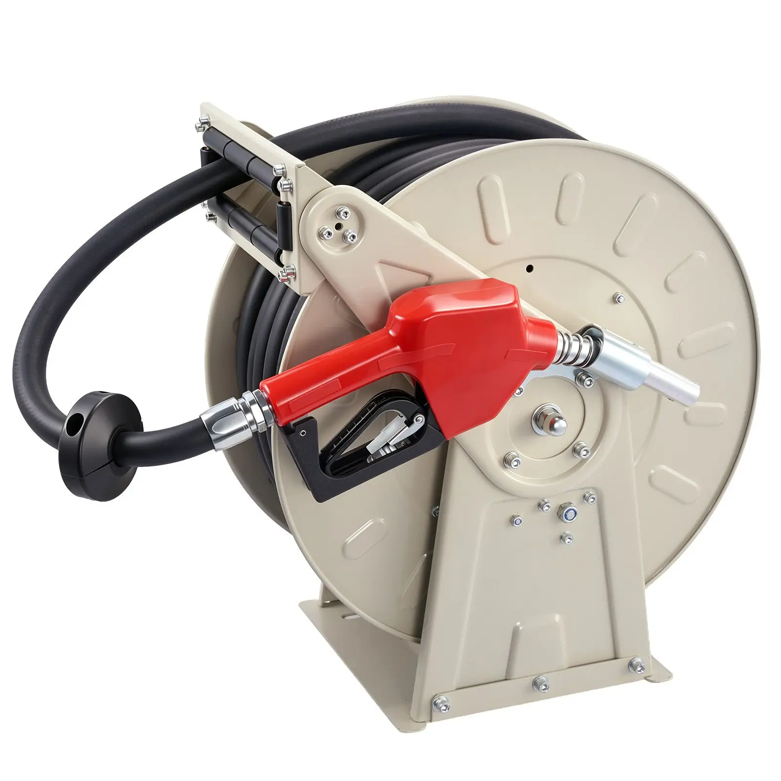 Fuel Hose Reel, 3/4 inch x 66 ft Retractable, Spring Driven Auto Swivel Rewind, 300 PSI, Heavy-Duty Carbon Steel Construction with Industrial Grade Rubber Hose, for Diesel Fuel, Kerosene