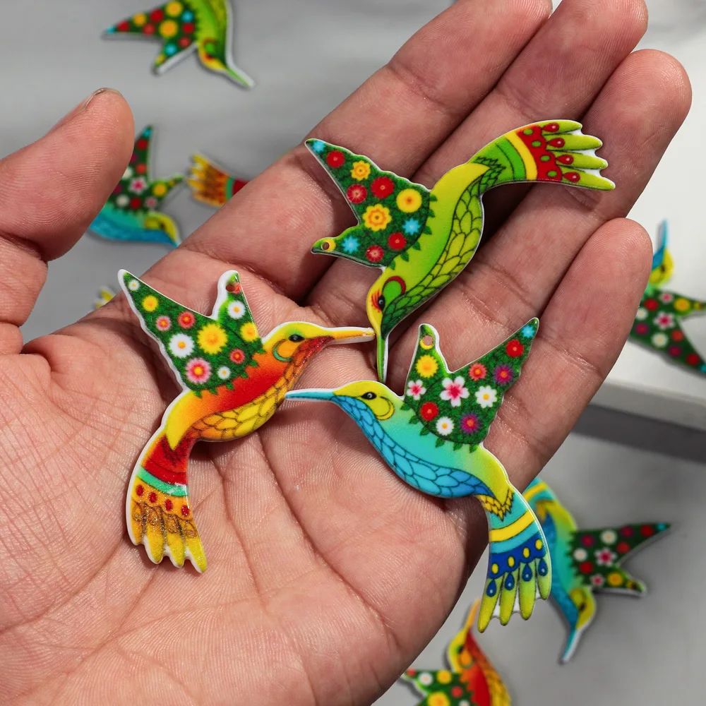 12pcs/lot Colorful Cartoon Hummingbird Acrylic Print Charms Pendants for DIY Jewelry Making Earrings Keychain DIY Accessories
