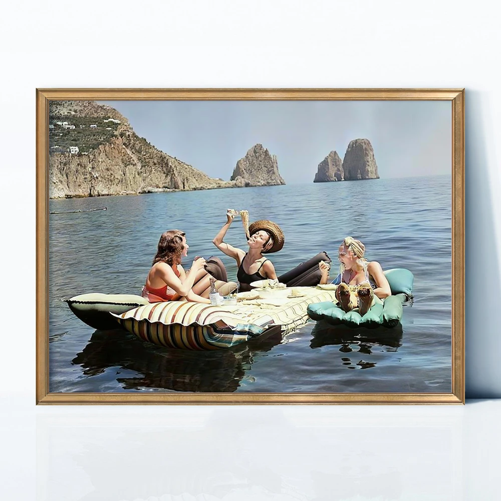 Women Eating Pasta on Lake Picnic Funny Art Vintage Wall Art Canvas Painting Poster and Print Picture for Living Room Home Decor