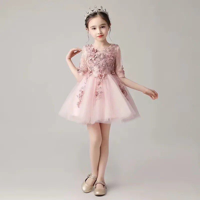 カスタマイズされた聖体拝領用ヌードピンクフラワーガールドレス半袖プリーツチュールボウベルトパーティードレス
