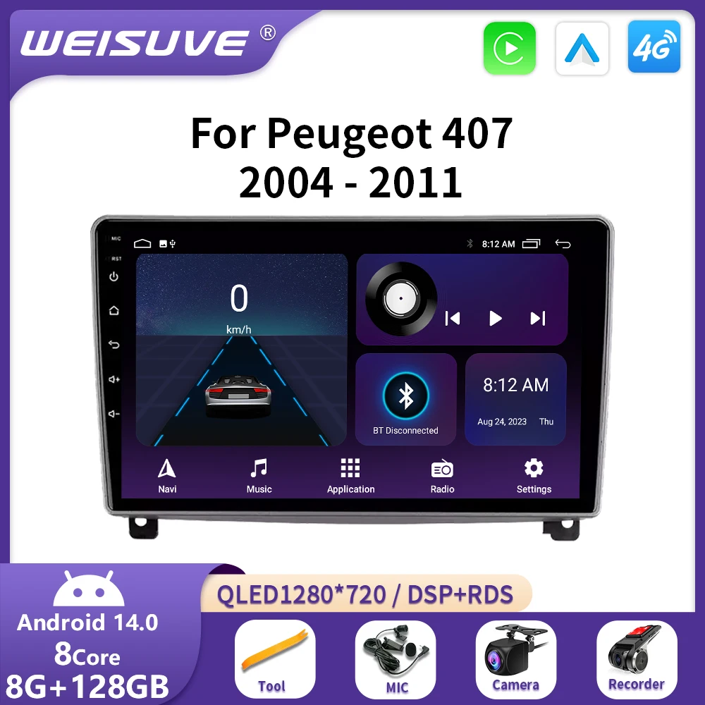 

Android 14 Carplay Auto For Peugeot 407 1 2004-2011 Car Radio Multimedia Video Player Monitor Navigation GPS Autoradio Stereo BT