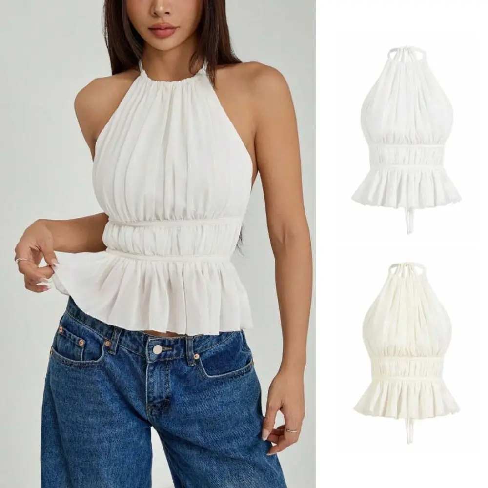 Prosty, bezrękawnikowy top na ramiączkach z koronką, plisowany, szyfonowy, typu halter, kamizelka, odzież plażowa, jednolity kolor, damski crop top na imprezę.