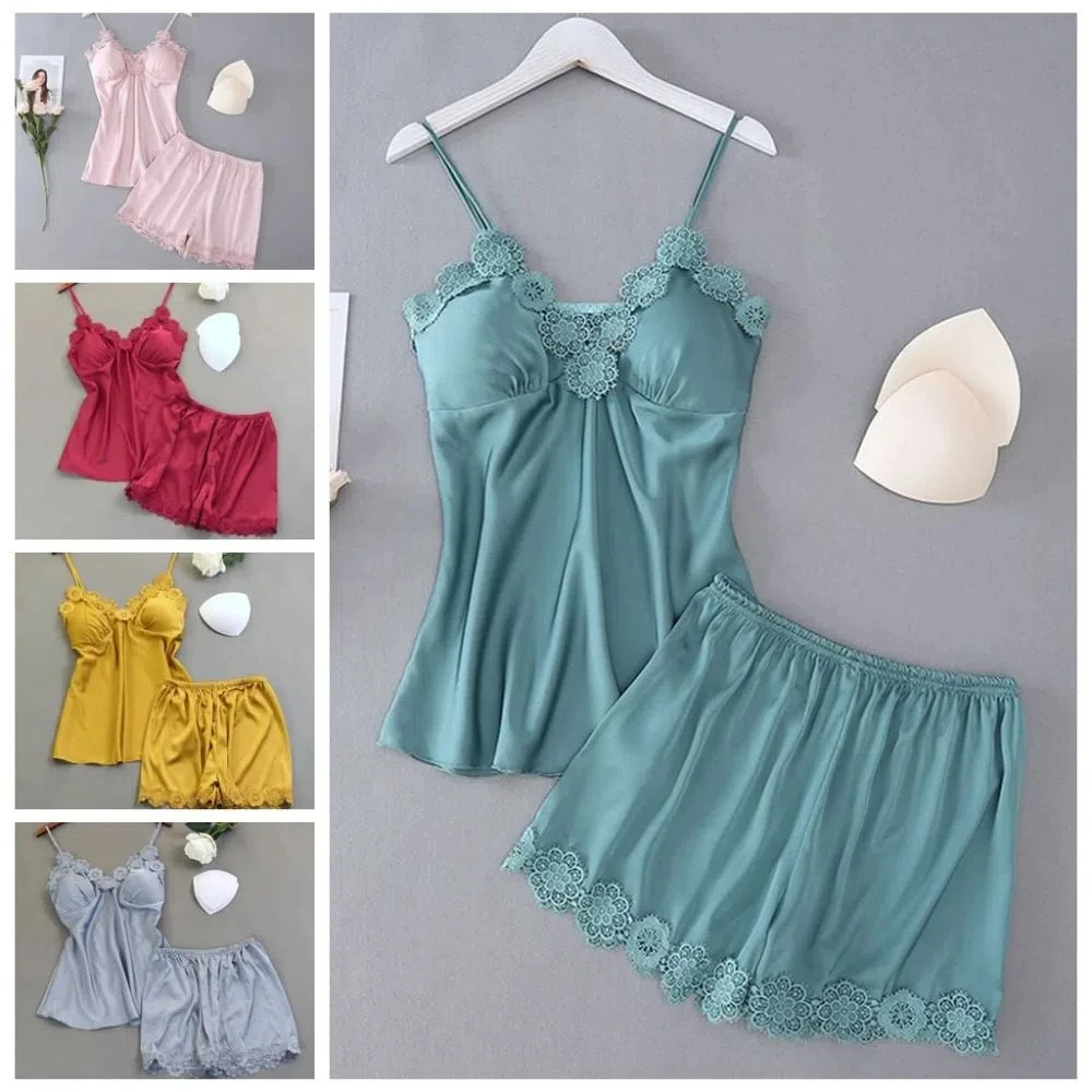 Ice Silk Lace Pajamas Suit V-Neck Sleeveless Sling Shorts Nightwear Loose Female Home Clothes Two Piece Sleepwear Sets Home