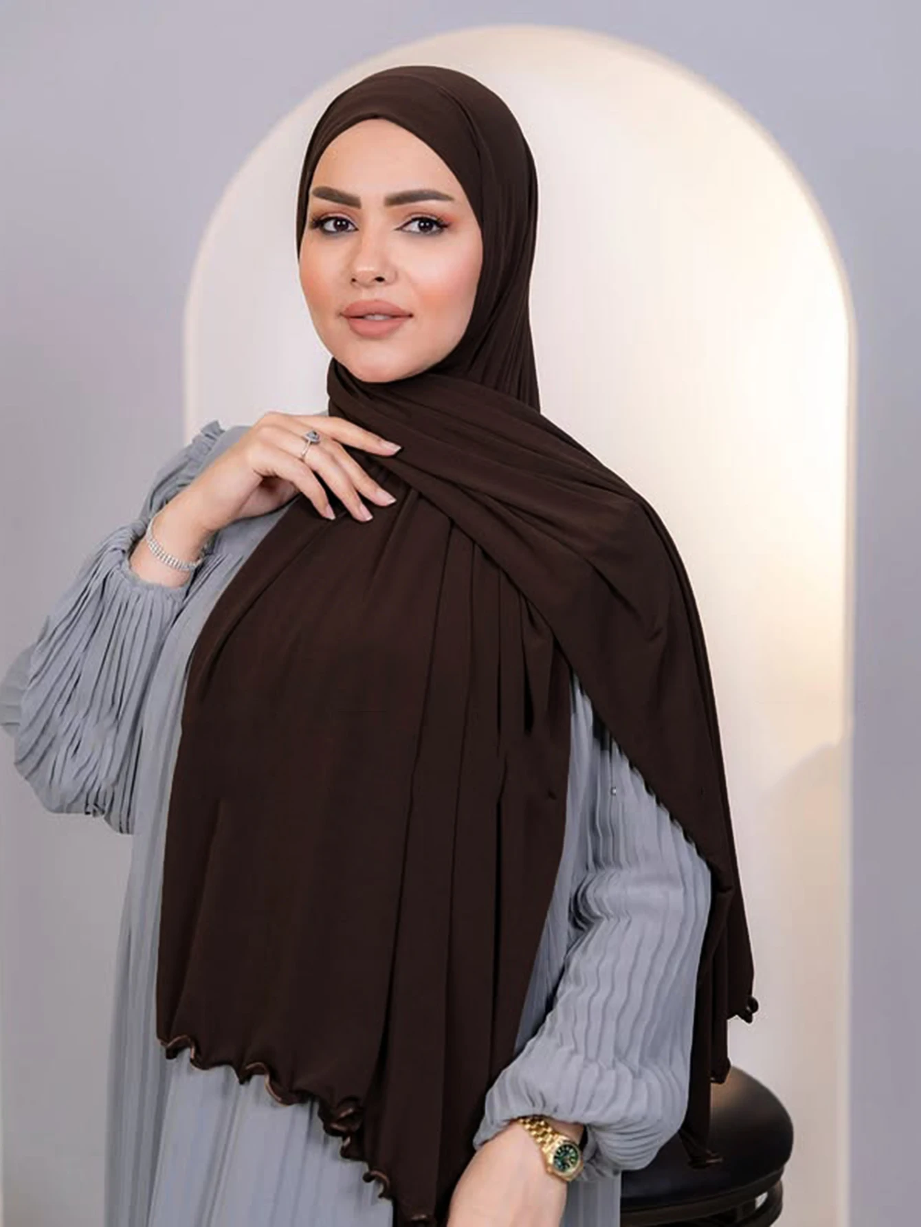 Stylish Elastic Curved Edge Solid Color Muslim Hijab Scarf Black Fungus Edge Shawl Soft Turban Islamic Headwraps image 4