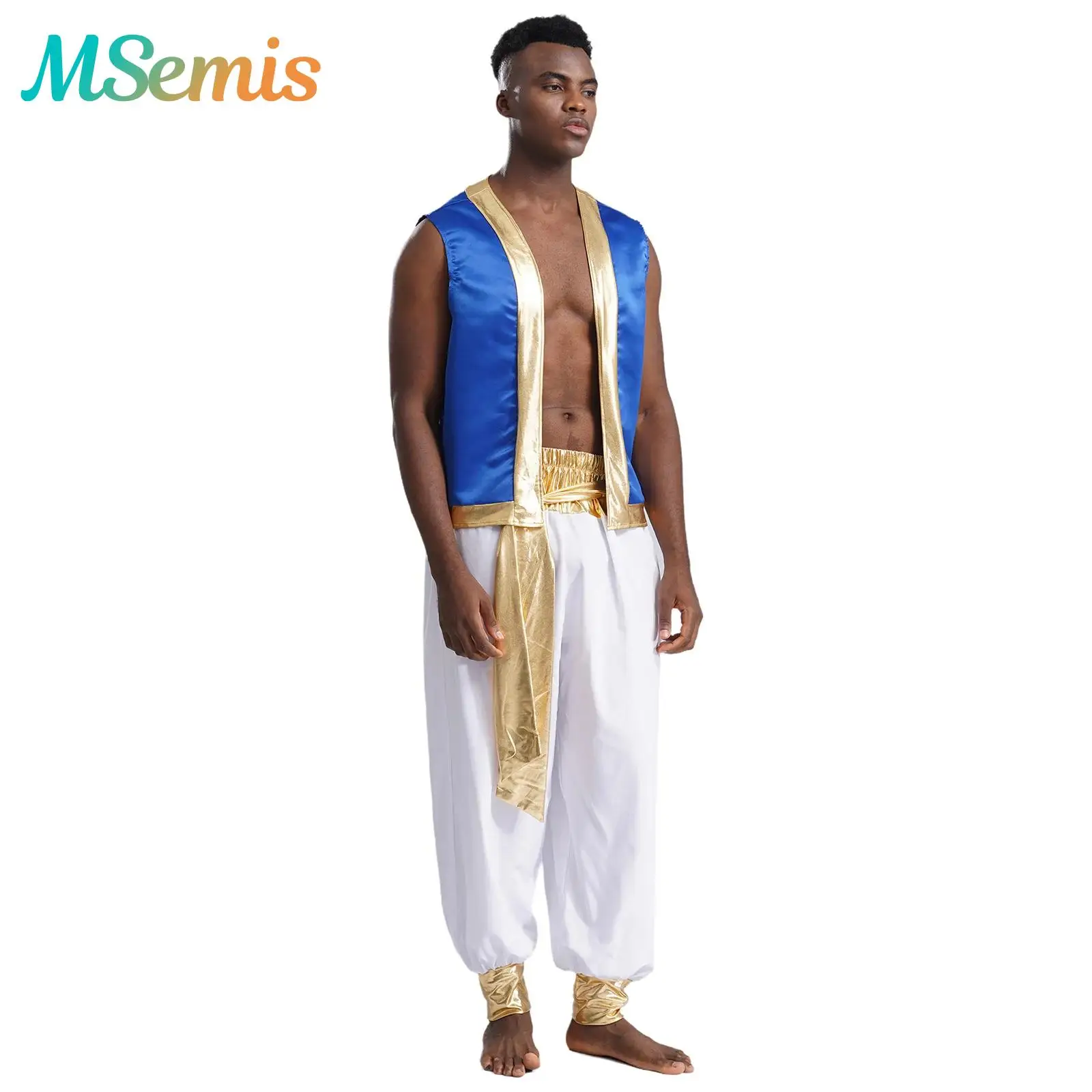 

Mens Persian Arabian Mythical Prince Captain Carnival Cosplay Party Costume Metallic Shiny Trim Open Front Vest with Long Pants