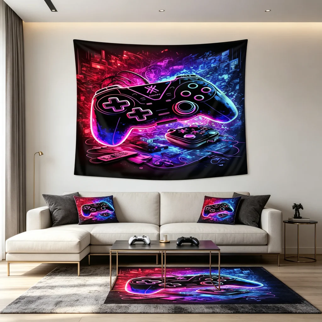 1PC Neon Gamepad Device Art Print Backdrop Banner, Bedroom Living Room Photo Background, Polyester, Home Decor, Wall Art