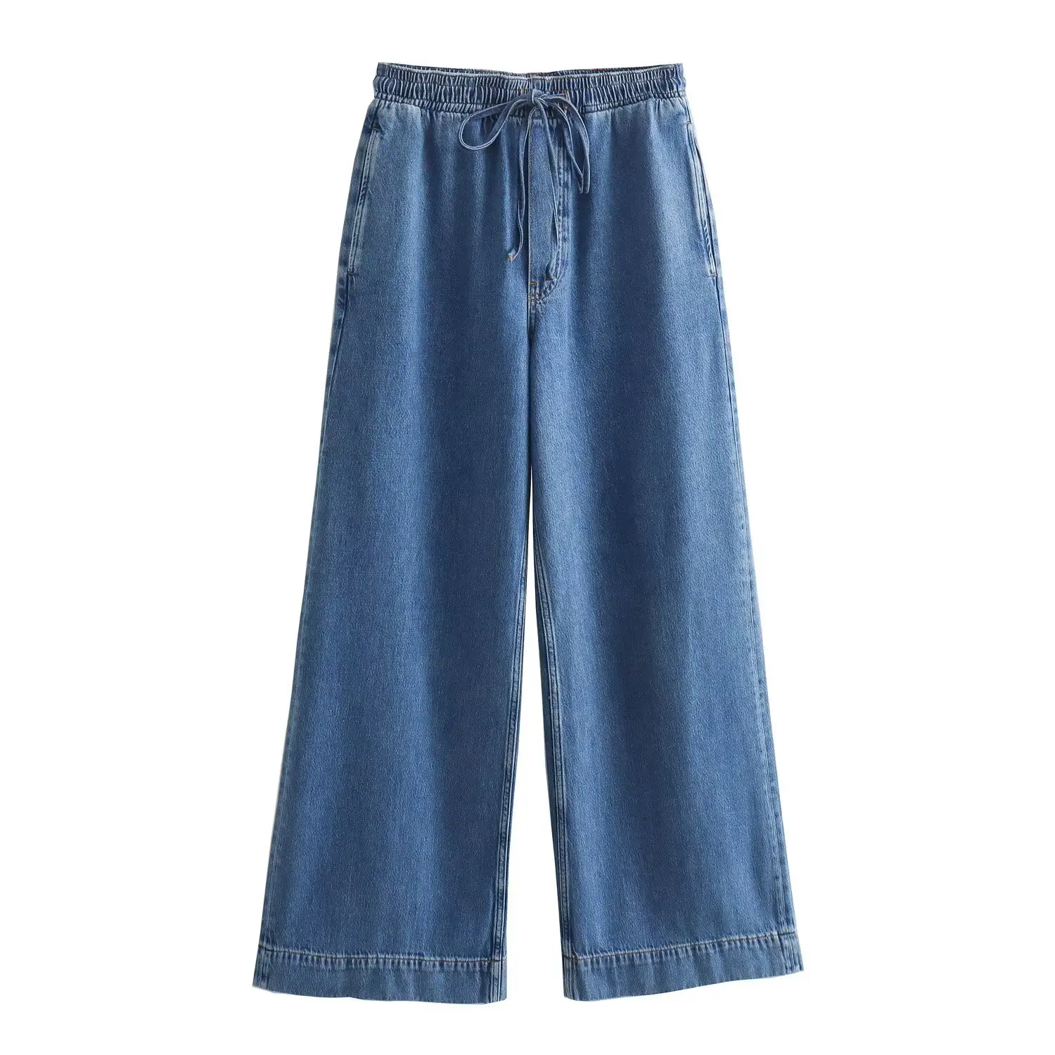 HH TRAF Autumn Female Chic Denim Pant Vintage Elastic Waist Bow Lace Up Pocket Decorate Female Loose Solid Wide Leg Pants Mujer