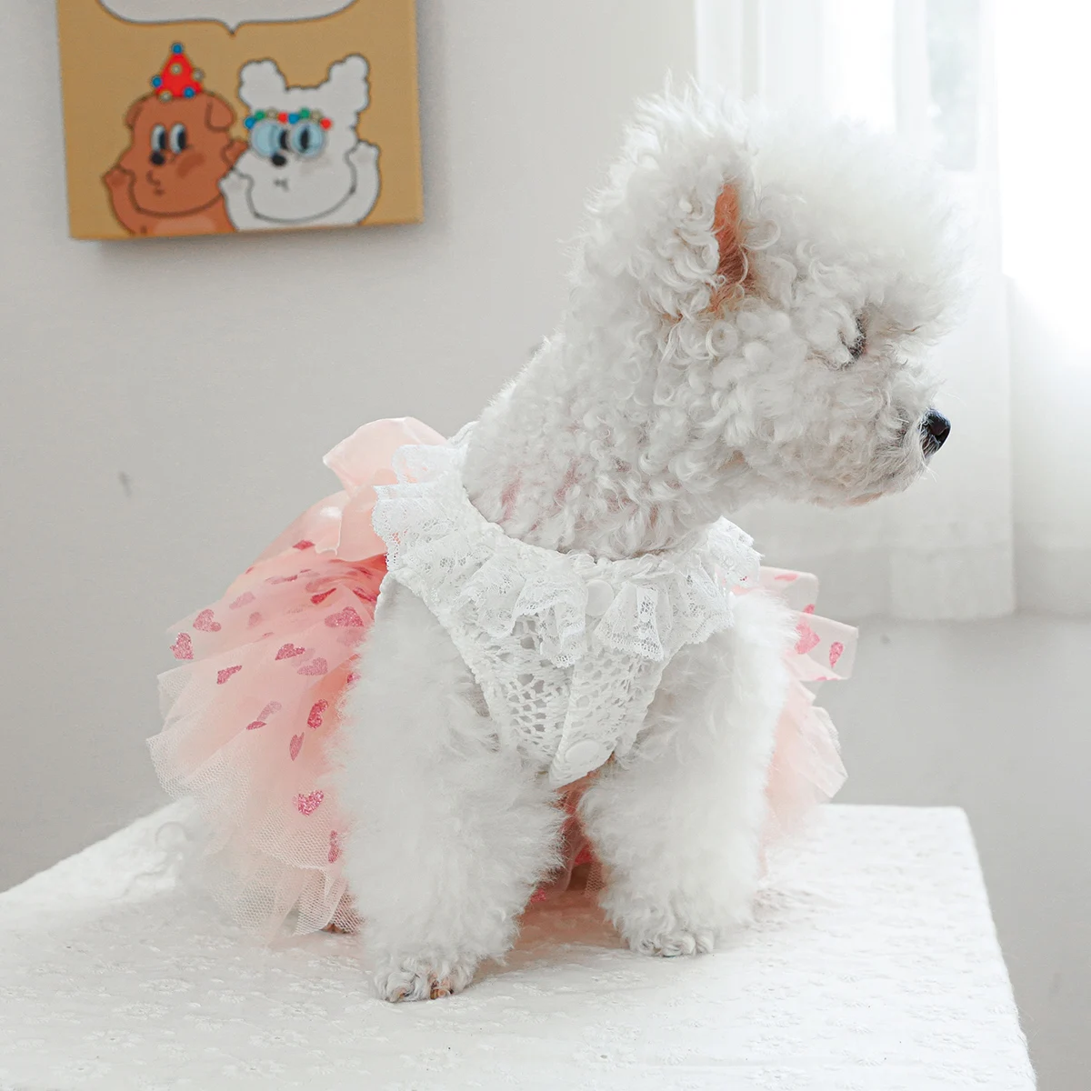 1PC Pet Clothes Spring and Autumn Pink Heart Fluffy Dress Wedding Dress Princess Dress Suitable for Small and Medium sized Dogs