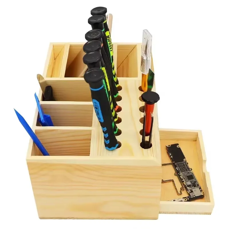 Multi-Compartment Wooden Tray for Mobile Repair Accessories Including Screwdrivers, Pliers, and Tweezers