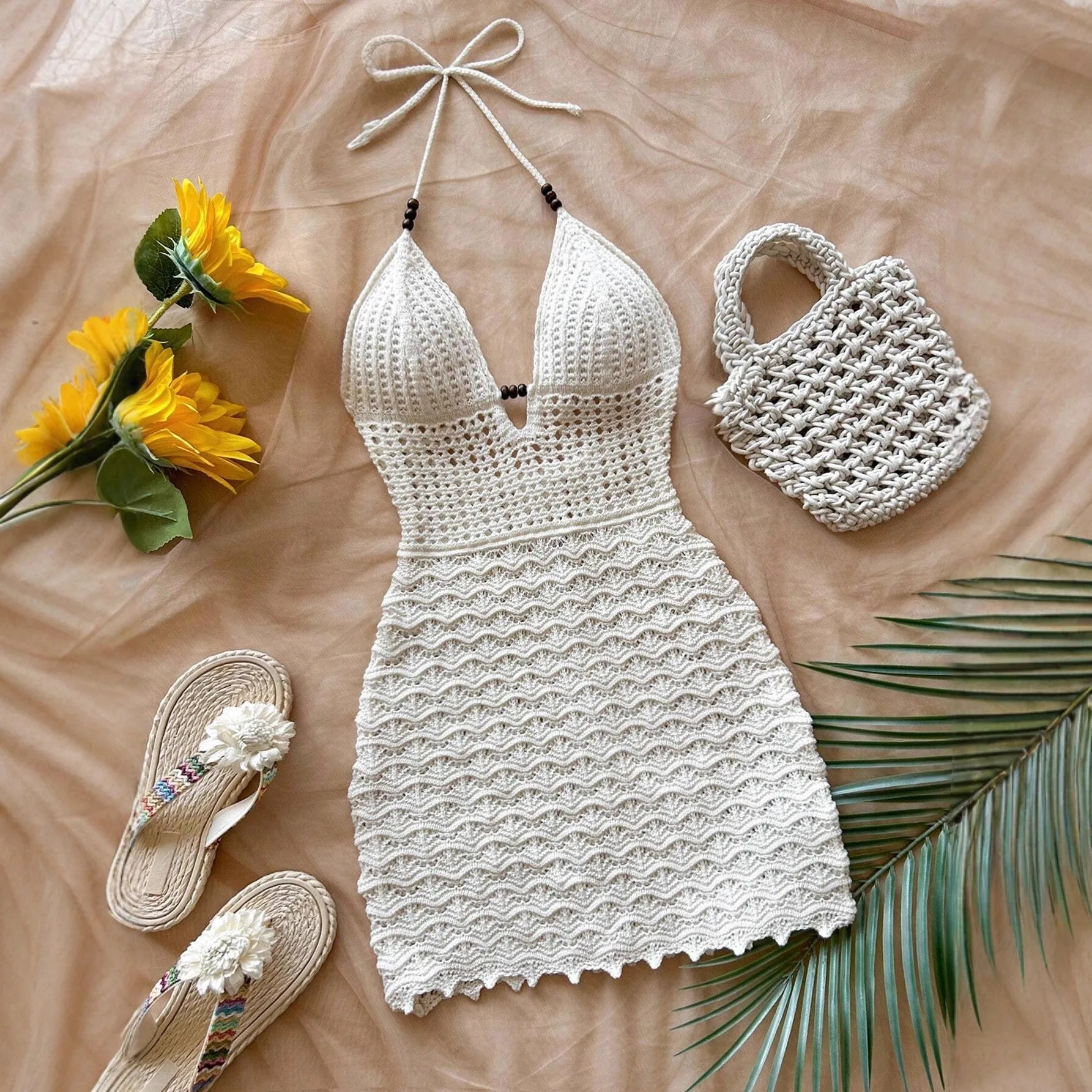Boho Dress Women's Swimsuit V Neck Beach Crochet Halter Swimwear Lace Up with Wooden Bead Detail