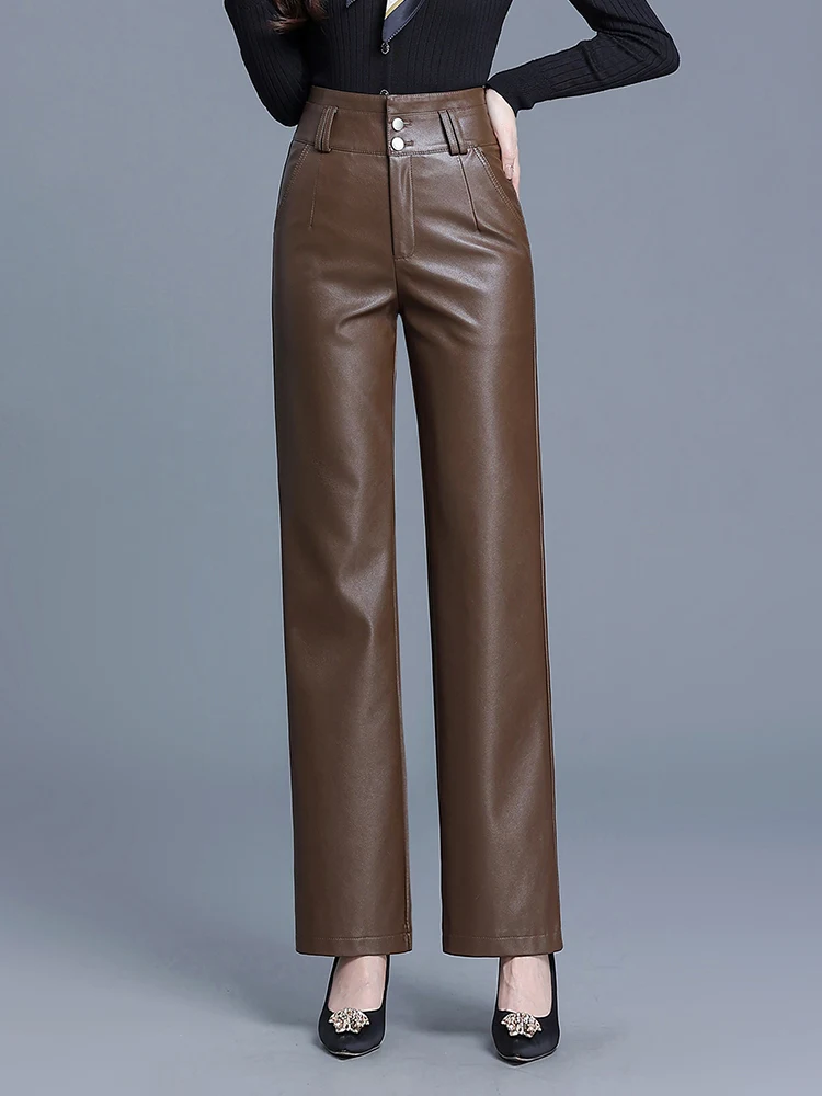 Pu Leather Long Pants Winter New High Waist Straight Pants PU Leather Trousers Large Size Fashion Warm Pants