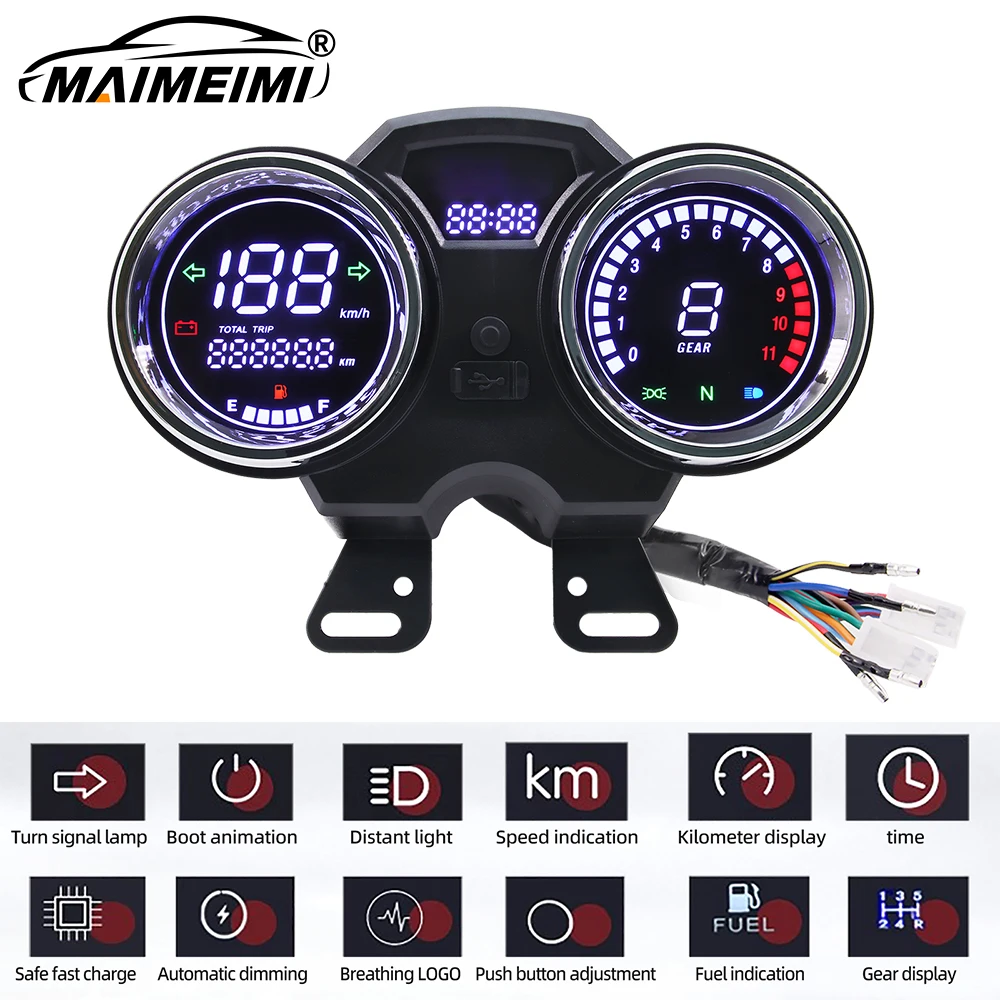 

12V Speedometer Motorcycle RPM Dashboard LCD LED Digital Instrument 1-6Gear For Suzuki GN125 GN150 125cc 150cc Waterproof IP67