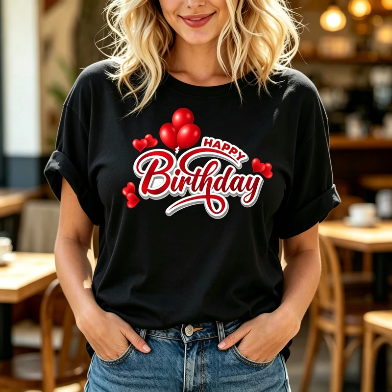 Happy Birthday Balloon Heart Graphic T Shirt Women Love Heart Print Tee Short Sleeve Crewneck Casual Birthday Party Celebration