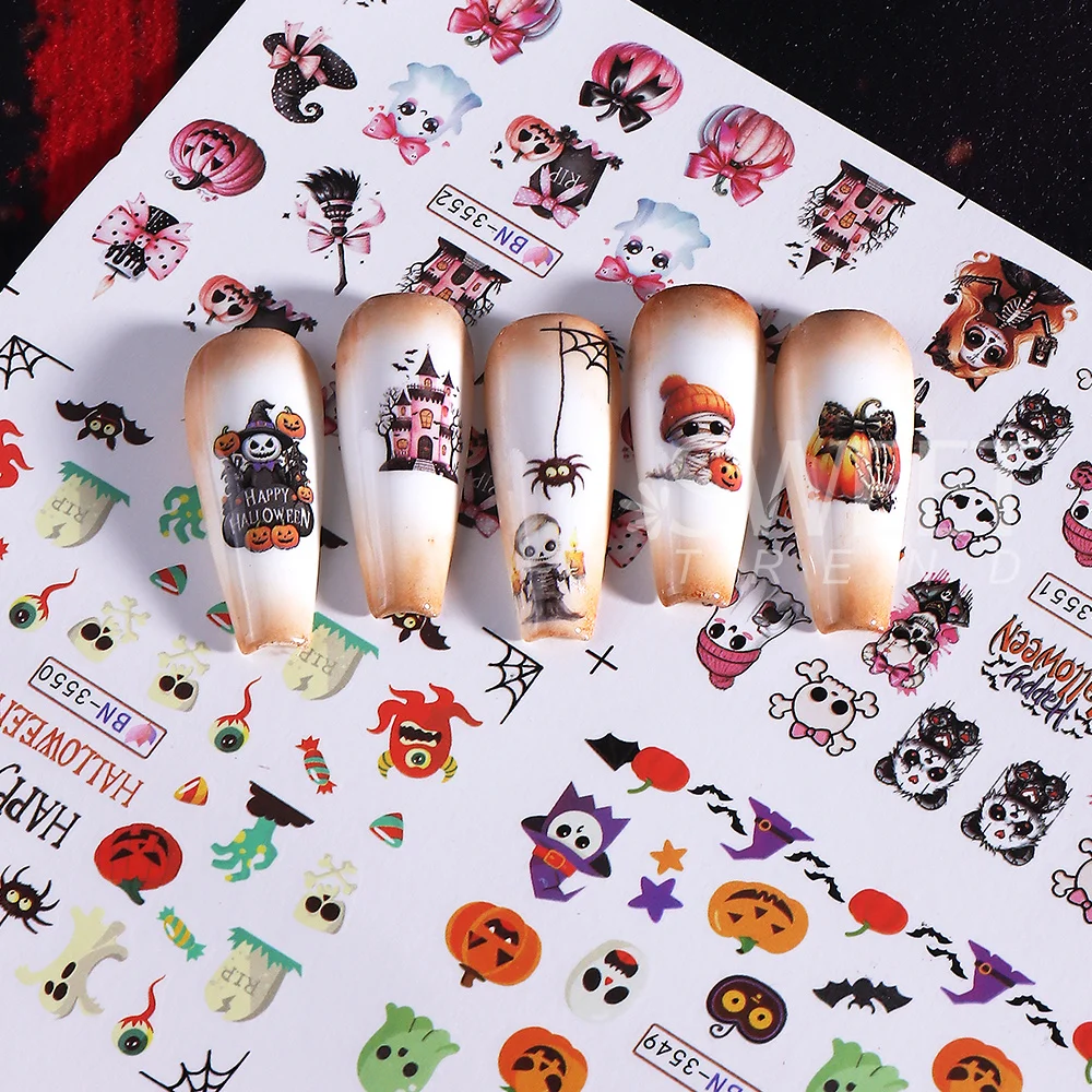 SWEET TREND-12 Design Halloween Water Transfer Nail Stickers Decals Ghost Pumpkin Skull Bat Nail Slider for Women Manicure Decor view 6