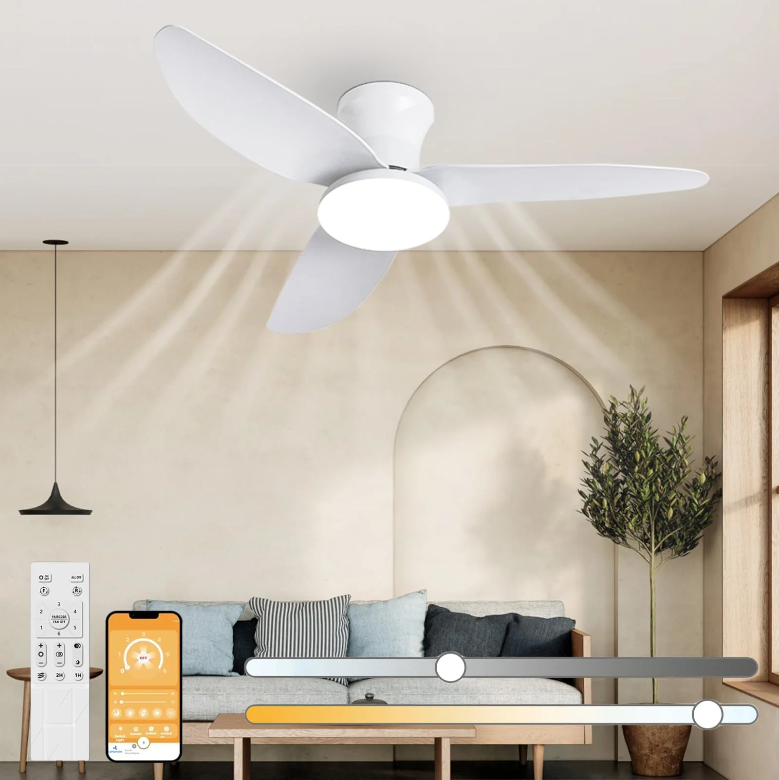 

Ceiling Fan with Lighting and Remote Control, Quiet, LED Dimmable Lamp with Fan Bedroom 30 W App Control 6 Speeds Timer