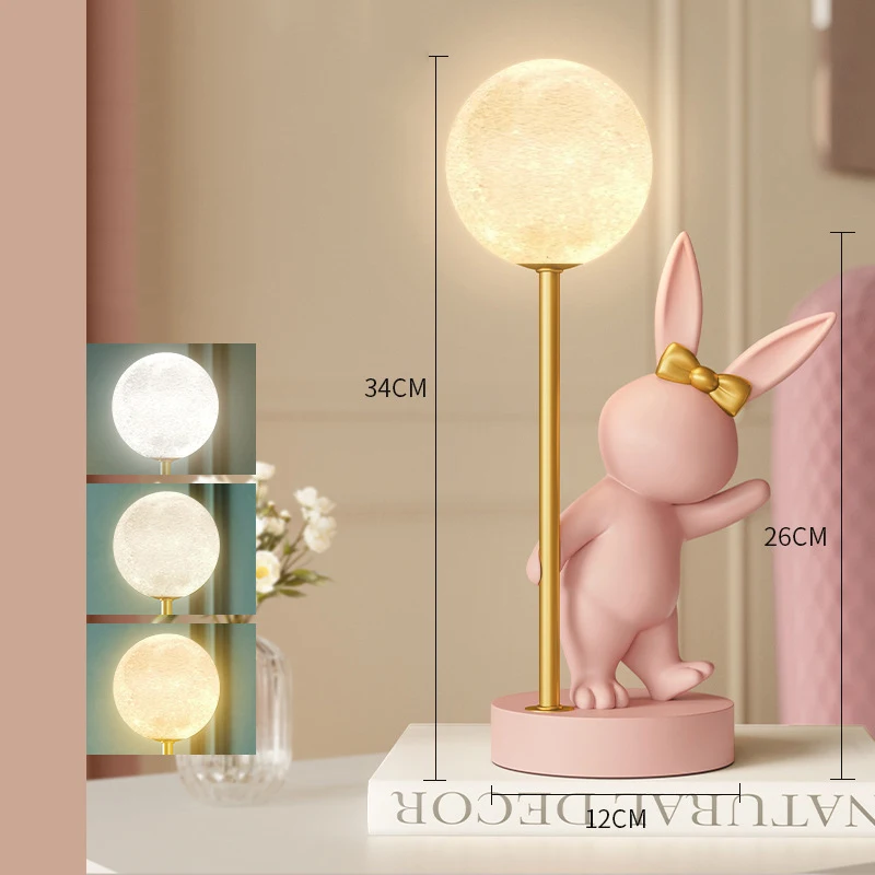 

Nordic Resin Rabbit Lamp Moon Light Luxury Table Nightlight Decoration Bedroom Pink Bunny Dimmable Led Friendship Lamps Ledes