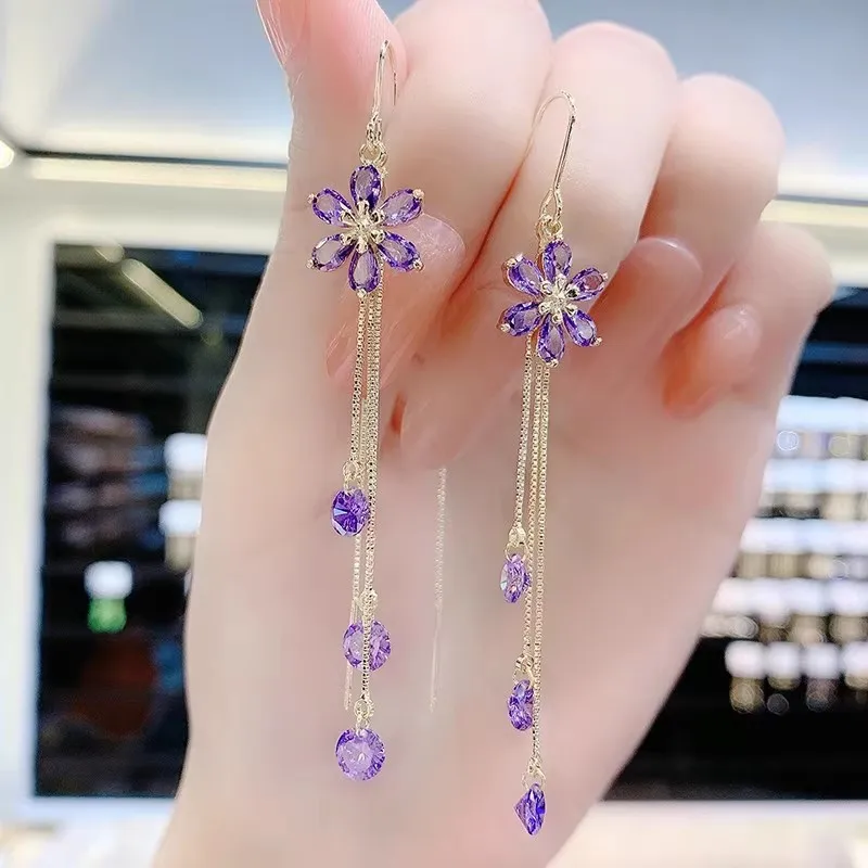 Luxury Crystal Zircon Flower Tassel Drop Earrings for Women Exquisite Shiny Zircon Snowflake Long Earring Wedding Party Jewelry