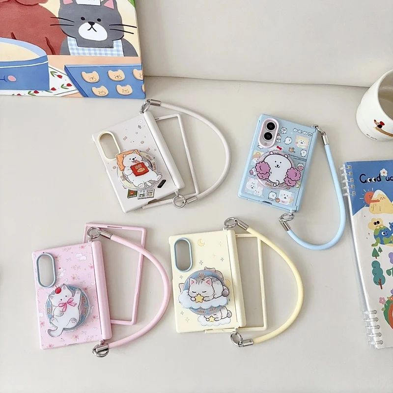 Cartoon Magnetic Bracket Phone Case for Samsung Galaxy Z FOLD8 Couple Lambskin Shockproof Cover With Lanyard