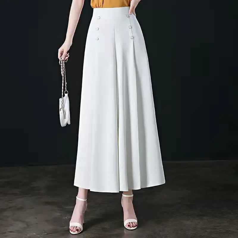 Elegant Vintage Loose Straight Solid Color Button Wide Leg Pants Pockets Elastic Waist Comfortable Summer Thin Women's Clothing