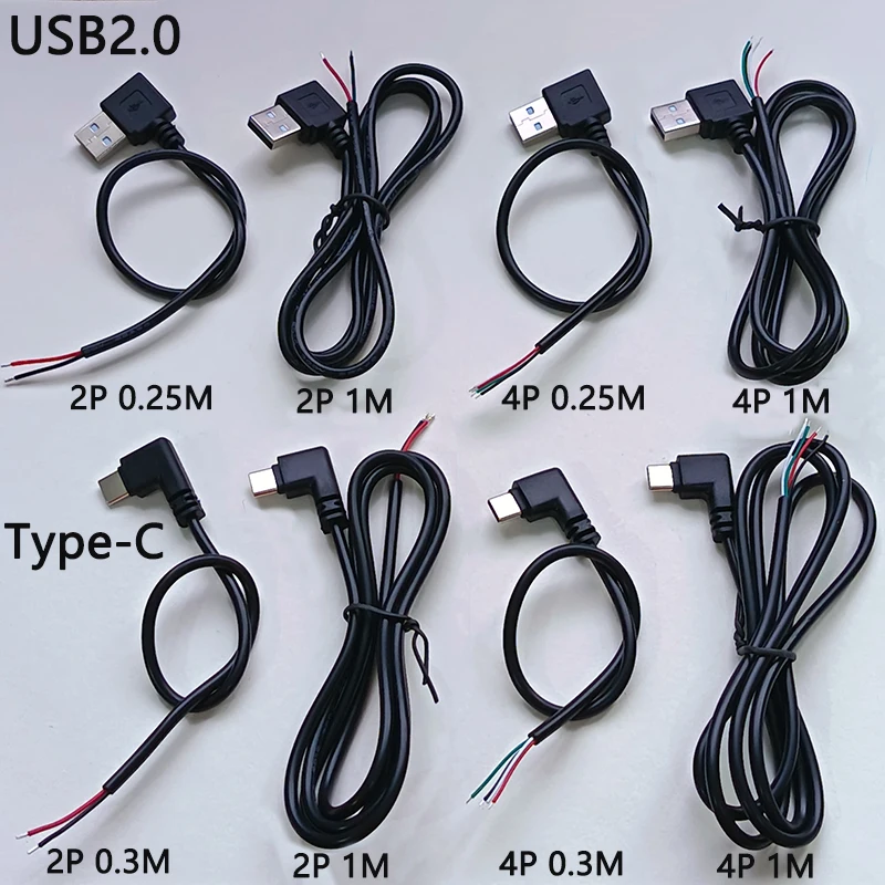 1PC Right Angle USB 2.0 / Type-C Male Bare Wire Power Cable 2P 4P 0.25M/0.3M/1M Open End DIY Charging Data Cable for LED/Project