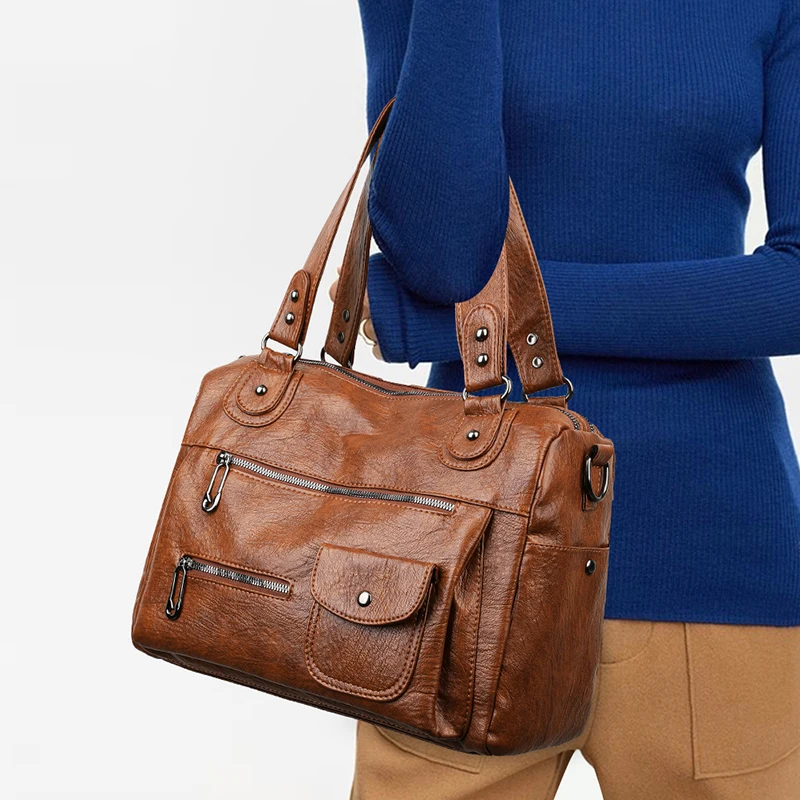 Modische Damen-Umhängetasche aus weichem Leder, große Kapazität, mehrere Außentaschen, abnehmbarer Riemen, Crossbody-Handtasche für den Alltag – Detail 8