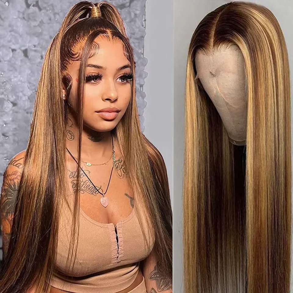 

200% Density Straight Highlight Lace Wig 13x6 Human Hair Wigs Ombre Honey Blonde Frontal Wigs Pre Plucked Brazilian Human Hair