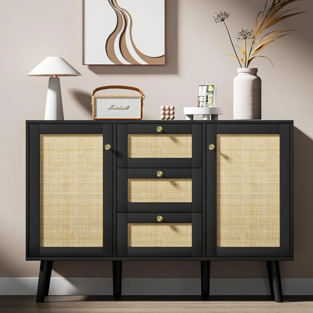 

Black Storage Cabinet, Rattan Sideboard Cabinet, Kitchen Cabinet with Drawers and Shelves, Farmhouse Cabinets for Dining