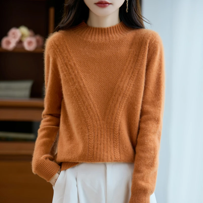 

100% Wool Women's Sweater Autumn Winter Outside Wear Pullovers Half High Collar Knitwear Fashion Long Sleeve Pull Femme Tops