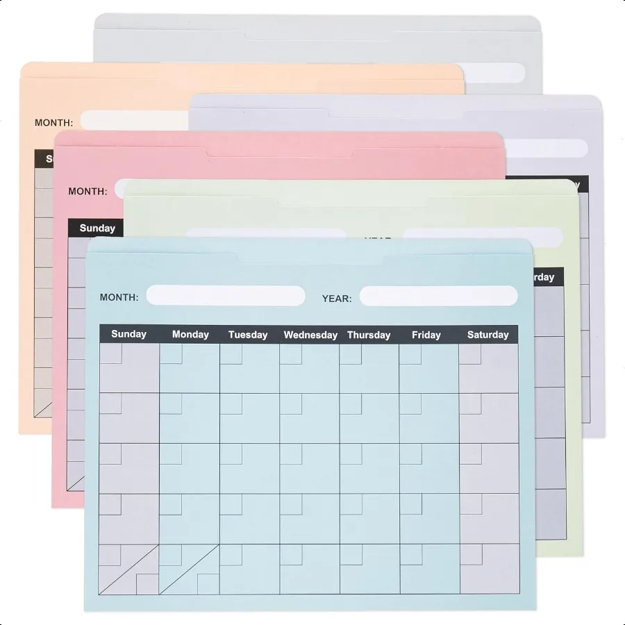 

6 Pack Colored File Jackets Letter Size No Expansion Pocket Folder for Office Home School with Reinforced Straigut Tab Calenda