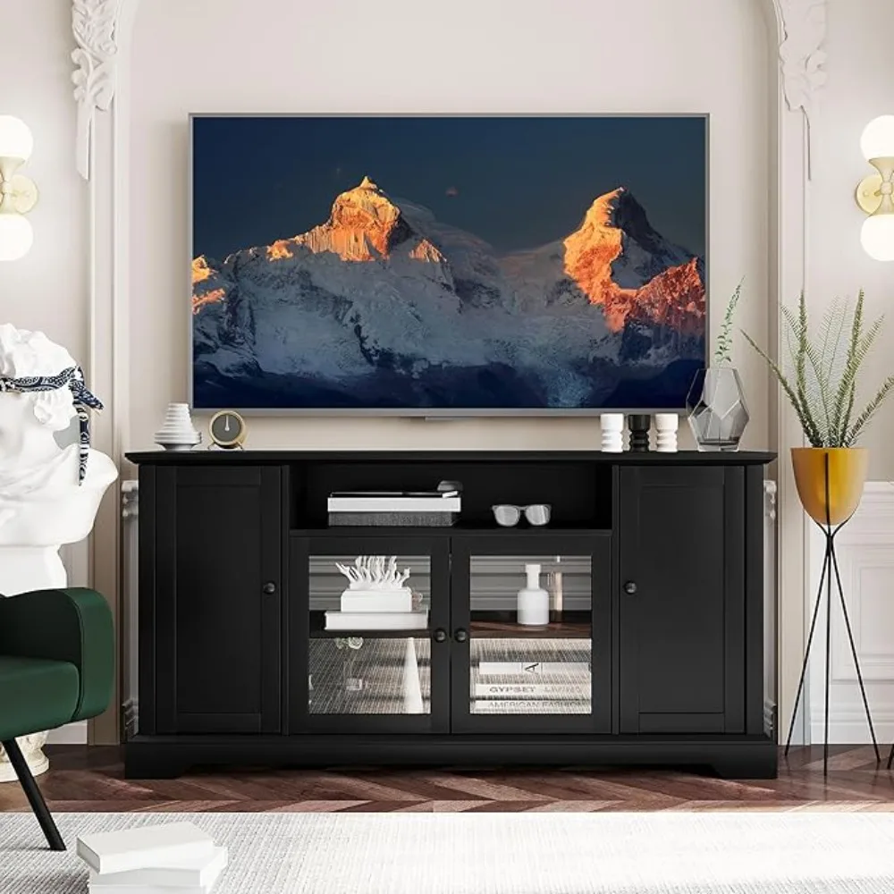 TV Stand for 65 Inch TV, Entertainment Center with 2 Tempered Glass Doors, Adjustable Panels and Open Style Cabinet