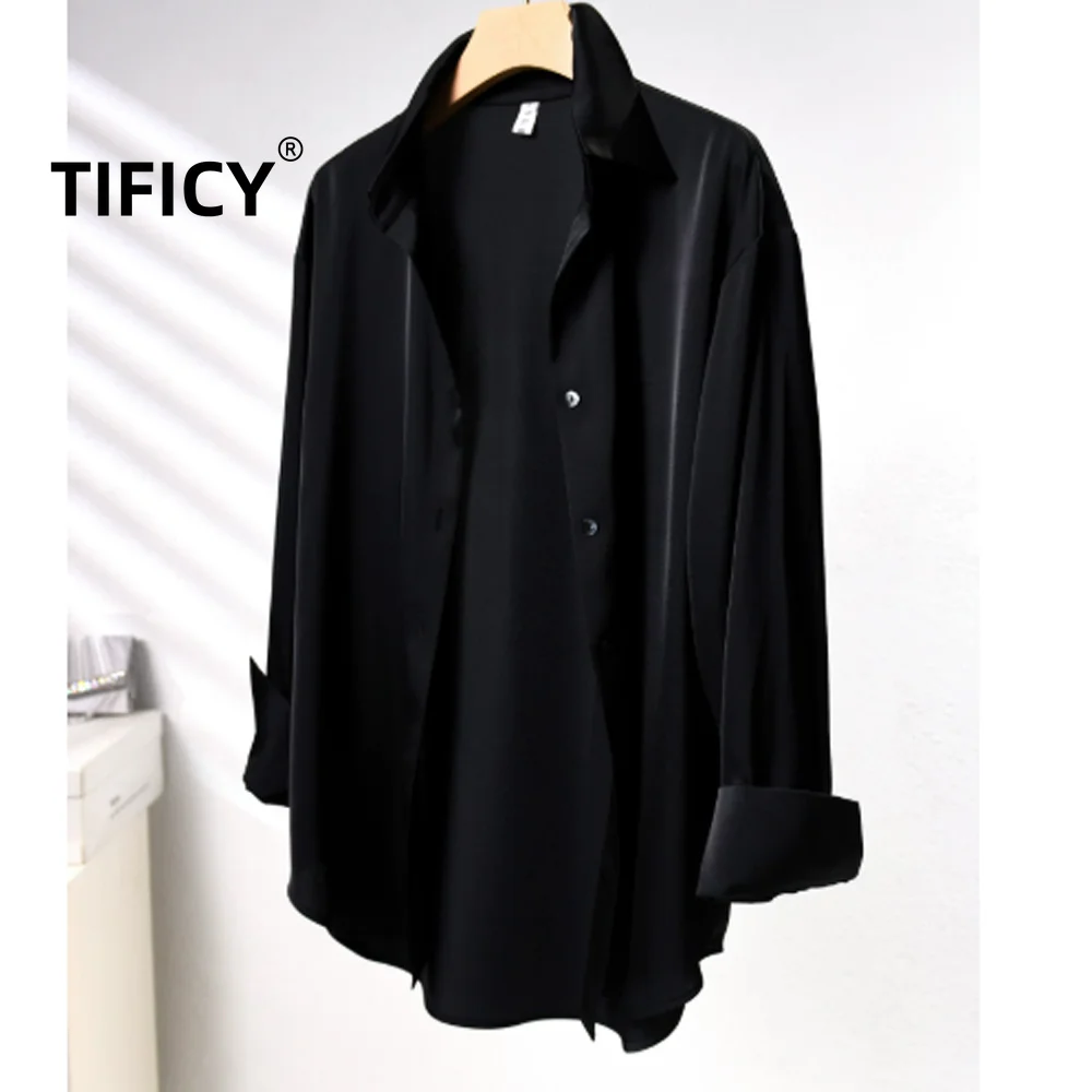 High Street Advanced Drape Imitation Acetic Acid Satin Shirt Women Fashionable and Stylish Loose and Casual Black Shirt