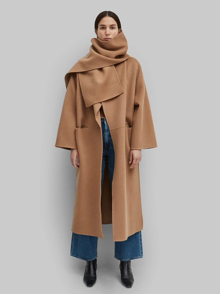 

2023 New Handmade 20% Cashmere Wool Double-sided Woolen Coat Woman Simple Long Simple Big Lapel Loose Wool Coats Female Autumn W