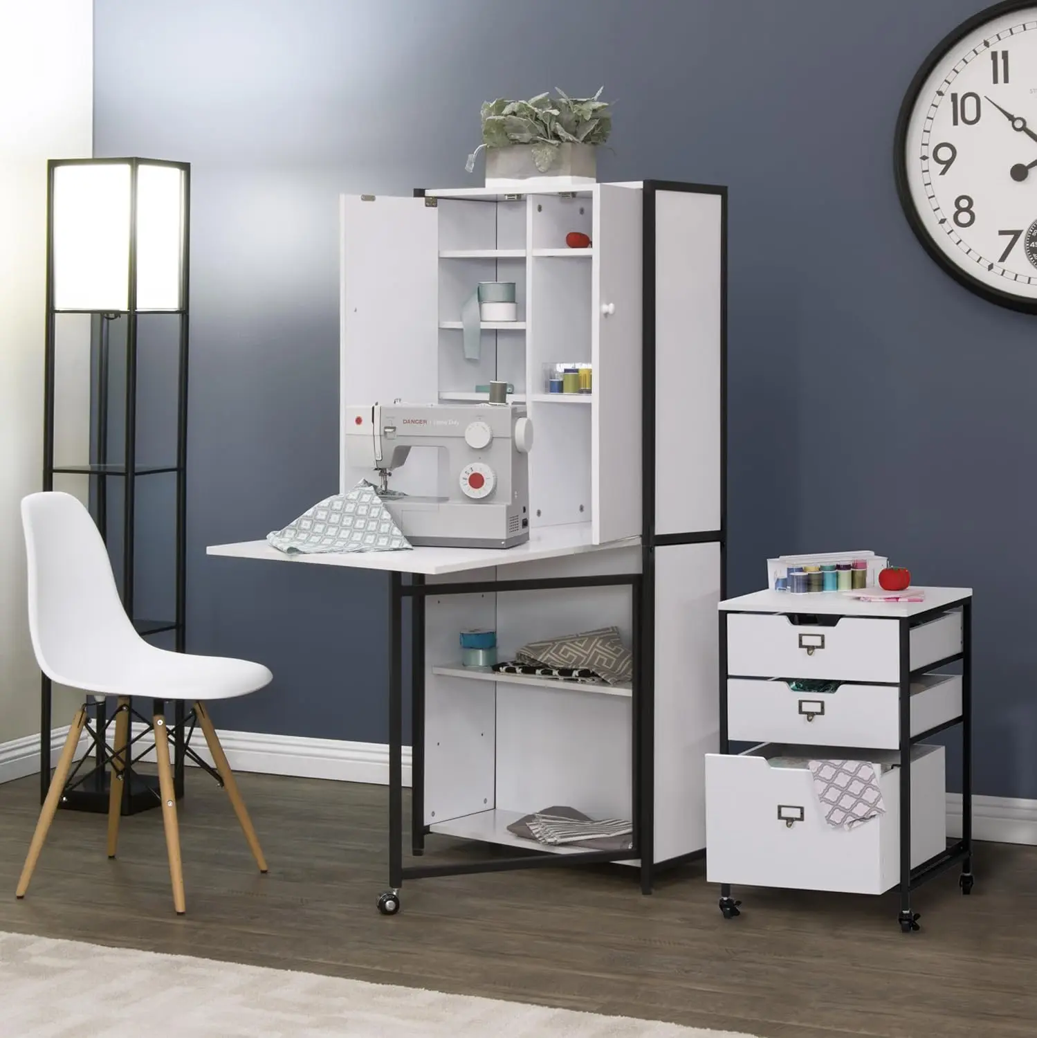 Sew Ready Multipurpose Armoire 58.75" Tall with Folding Top for Craft, Office or Home Sewing Cabinet, Charcoal/White