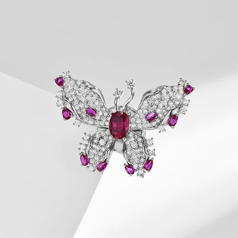 Chinese Style Auspicious Lucky Butterfly Magnetic Brooch Sparkling Fuchsia Cubic Zirconia Modesty Pin For New Chic Autumn Winter
