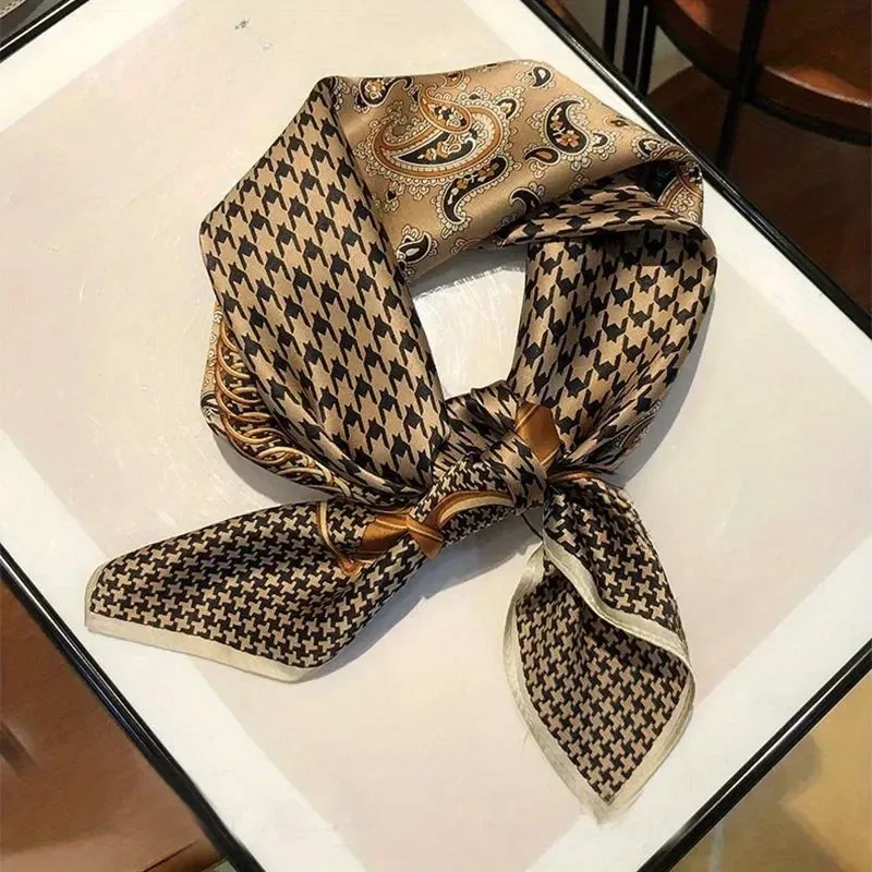 26.77 "بيزلي houndstooth مطبوعة مربع وشاح القهوة اللون رقيقة السلس وشاح للرقبة خمر نمط واقية من الشمس الحجاب للنساء