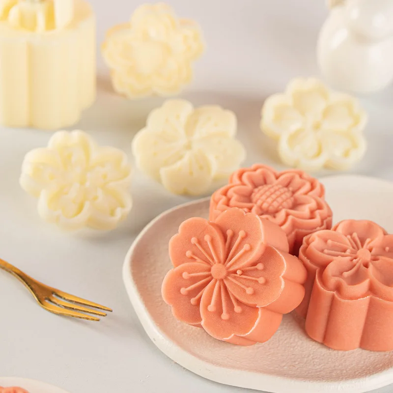 Mooncake Mold,30/50g Cherry Flower Moon Cake Mold With 4pcs Stamps,Hand-Pressure Cookie Dessert Stamps,Pastry Decoration Tool