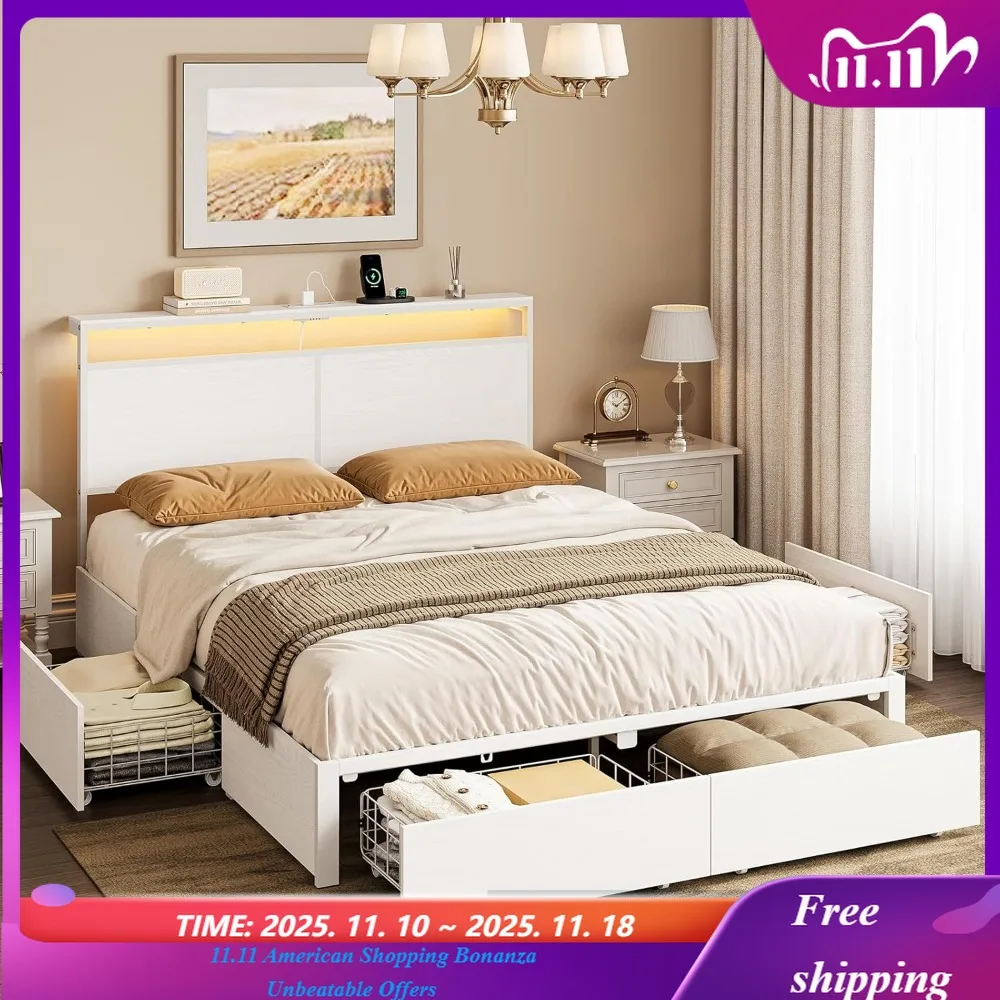 Bed Frame with Storage Drawers Bed Frame with Headboard LED Lights Charging Station Metal Slats Platform Heavy-Duty Support