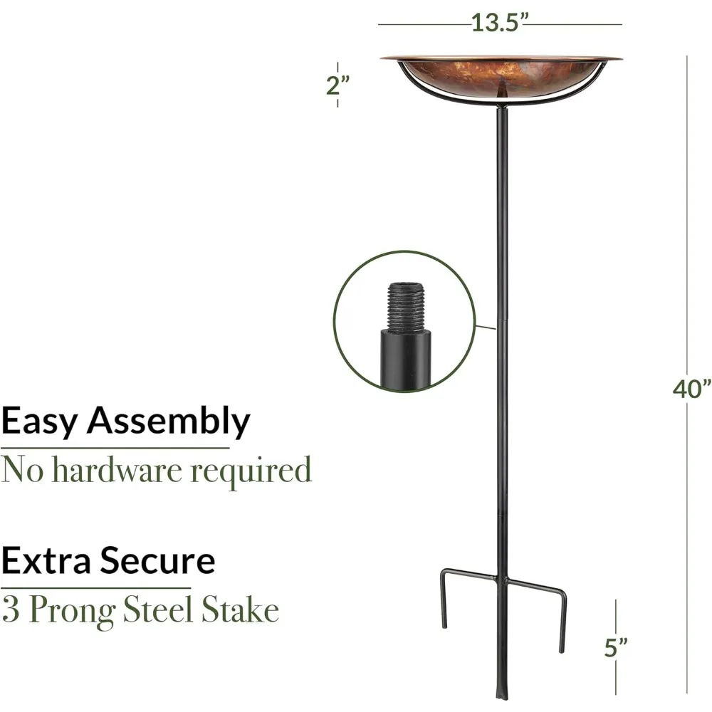 銅製バードバス、スチールポール付き、13インチボウル、庭の装飾に簡単に設置可能