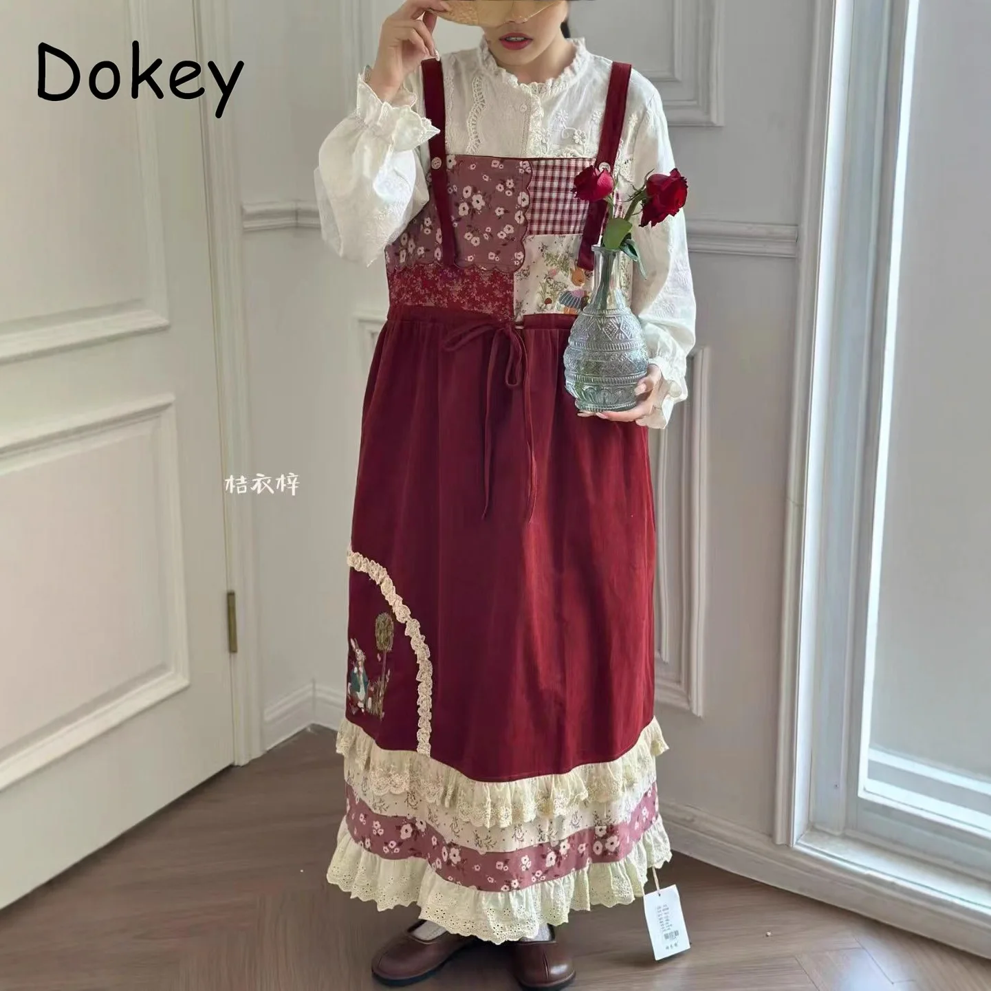 Abito generale Lolita in velluto a coste vintage Abito da donna giapponese Mori Girl Patchwork Abito con bretelle Kawaii + set di camicie bianche a maniche lunghe