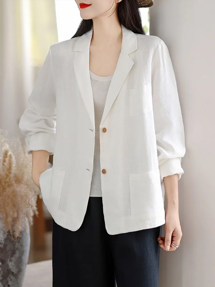 Retro Linen Suit Jacket Women's Autumn Commute Cardigan Long Sleeve Outerwear Anti-Aging Casual Style Pure Color Design